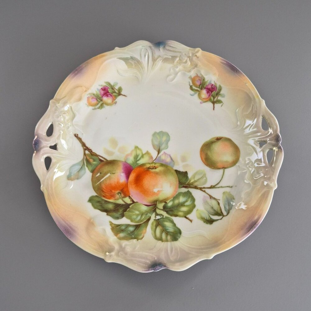 Vintage Lusterware Handled Cake Plate, Apple Fruit Design, Embossed Accents